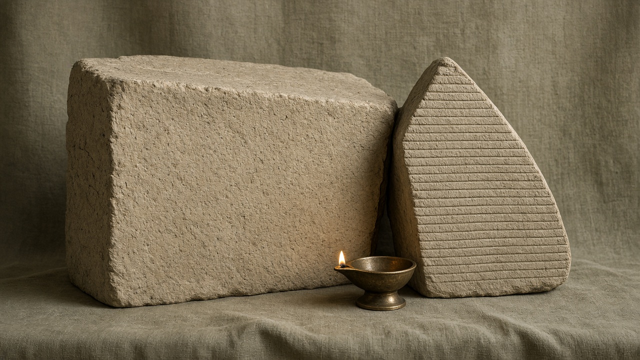 Two sandstone forms, a weathered mass and a ribbed keystone, with a small brass lamp at their seam.