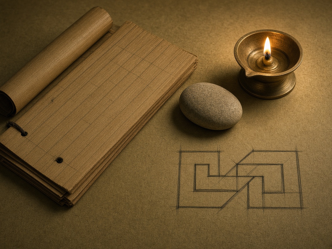 A palm-leaf manuscript, a river stone, a brass lamp, and a charcoal sketch of two forms locked into one joint.
